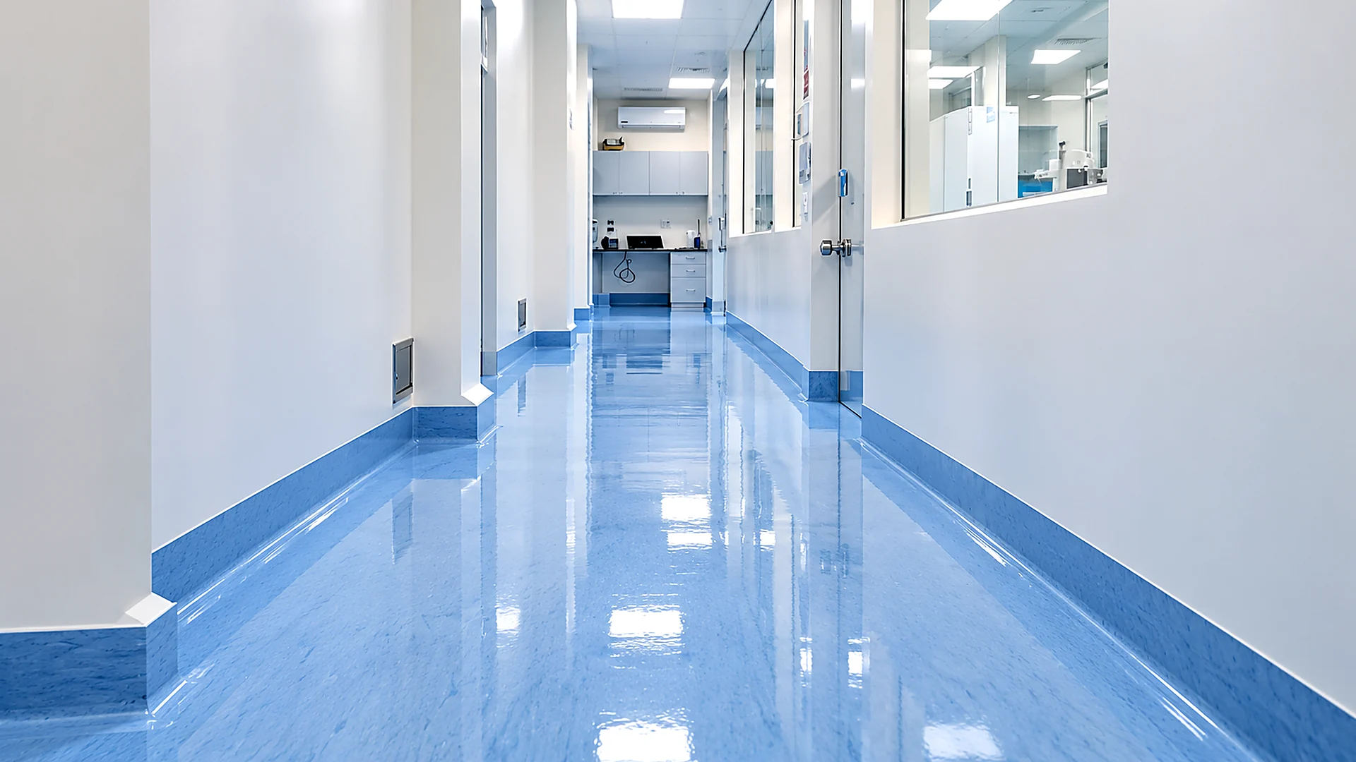 Visualización HD basada en fotografía de FUPROYAC: Centro clínico: pavimento vinílico azul