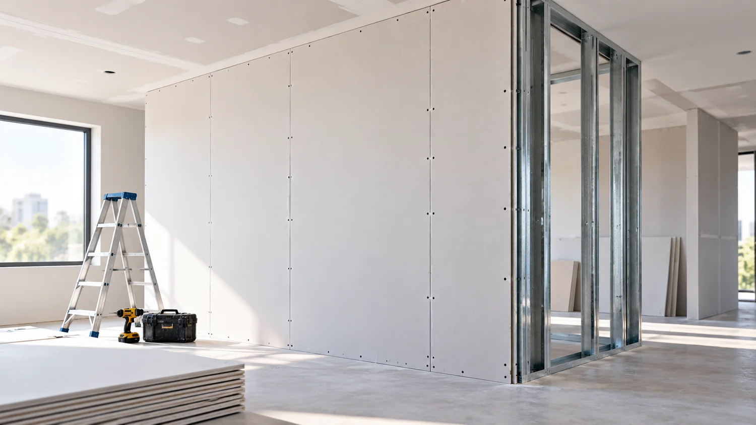 Imagen referencial creada con IA de instalación de drywall